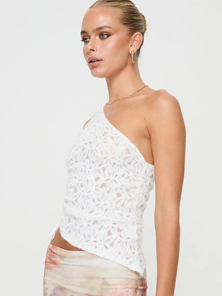 Inclined Collar White Crop Top Women Drawstring Y2k Accessories Lace Ropa De Mujer Camison Verano Couquette Aesthetic Clothes
