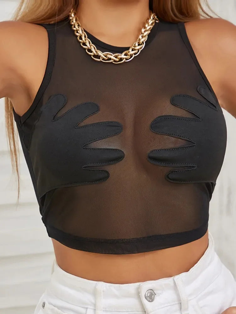 Top Y2k sin mangas con cuello redondo a la moda, top sexy de hilo de red ligeramente transparente para mujer, top corto con bordado de alta elasticidad