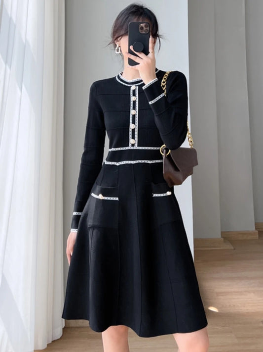 Vestidos de fiesta vintage de primavera para mujer, elegante vestido midi de punto ajustado, línea A, moda coreana, otoño, Vestidos para mujer
