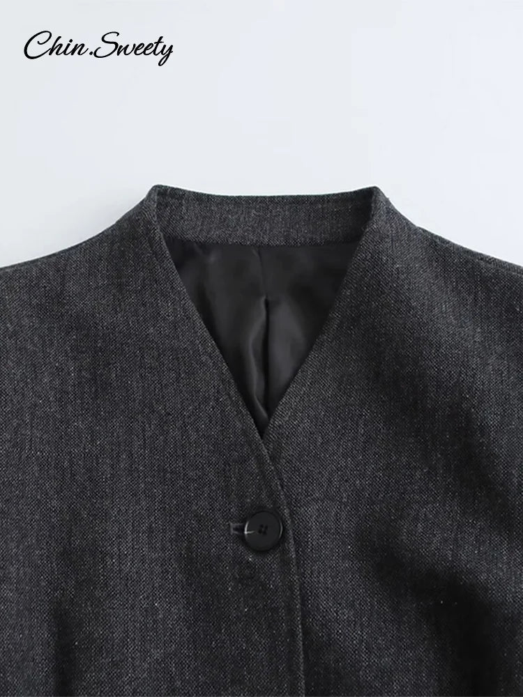 Elegant Single-breasted Blazer Coat Women 2025 Spring Long Lantern Sleeve Suit Jacket Female 2025 Vintage Office Lady Outerwear
