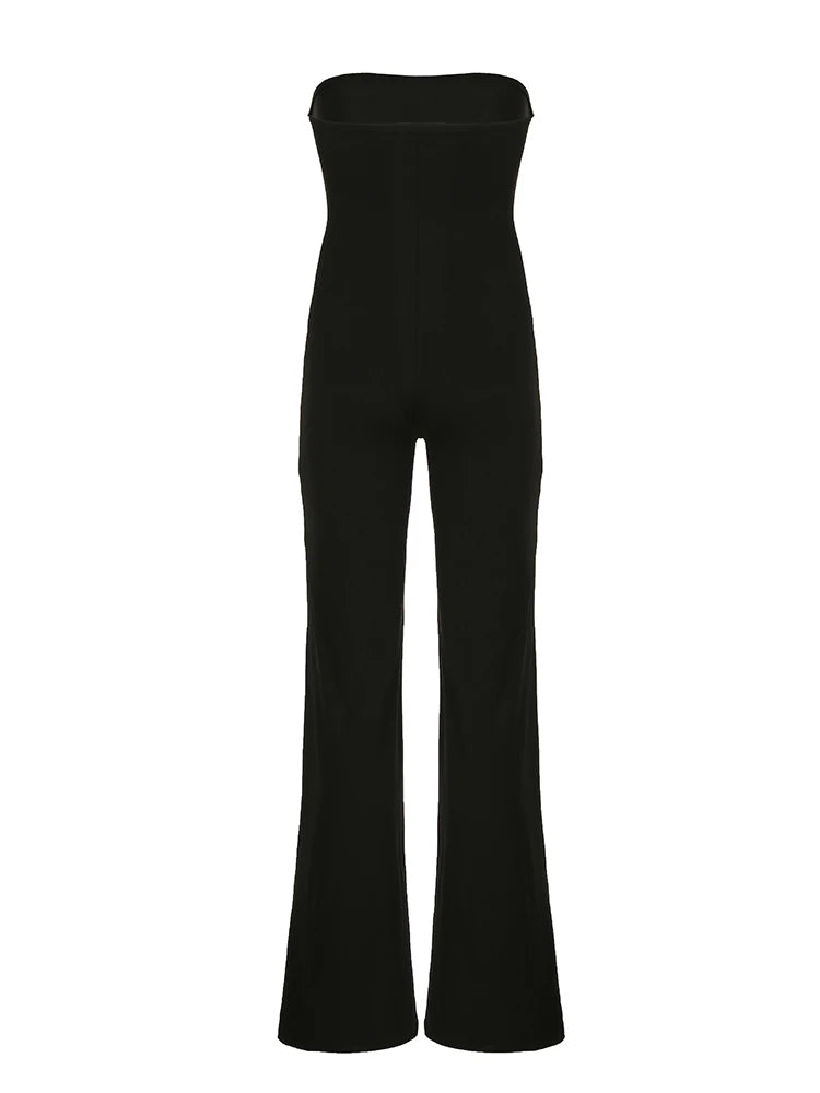 Monos largos elegantes sin tirantes, negros, lisos, para mujer, ajustados, de pierna ancha y acampanados, monos sencillos de moda para vacaciones.