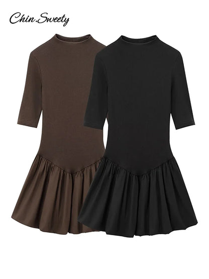 Elegant Knitted Patchwork Brown A-line Dress Women O-neck Short Sleeves Pleated Ruffles Mini Dresses 2025 Lady Solid Vestidos