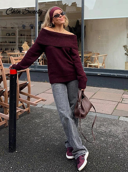 Suéter elegante burdeos con hombros descubiertos para mujer, jersey de punto de manga larga ajustado, prenda informal de punto de calle de primavera 2025
