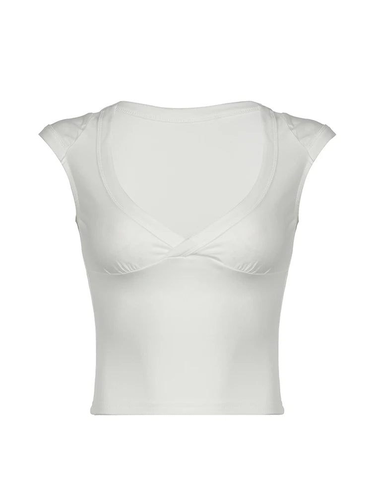 Camiseta corta de manga corta para mujer, color blanco, liso, básica, ajustada, con busto bajo, escote en V, color negro, sencilla, a la moda, para verano