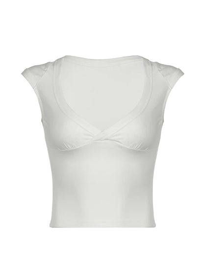 Camiseta corta de manga corta para mujer, color blanco, liso, básica, ajustada, con busto bajo, escote en V, color negro, sencilla, a la moda, para verano