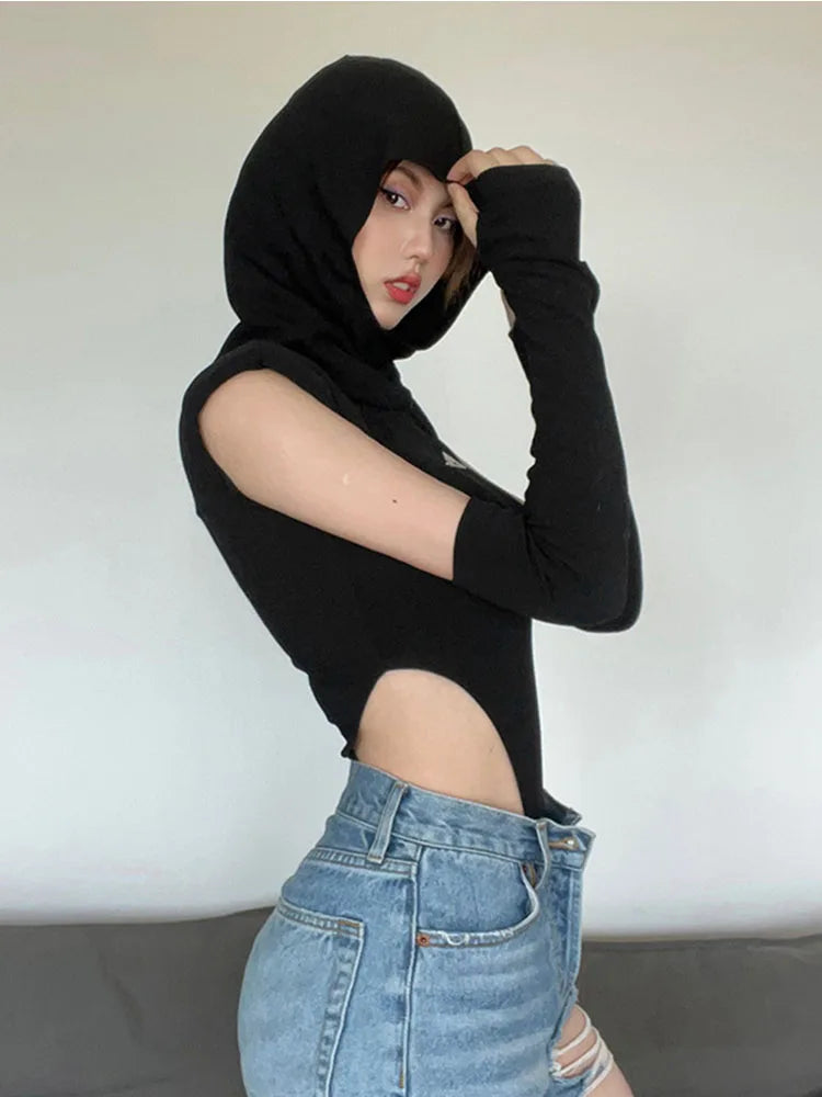 Body de una pieza con capucha de color sólido a la moda, lencería sexy de cuello redondo sin mangas, ropa informal ajustada, atuendo de festival
