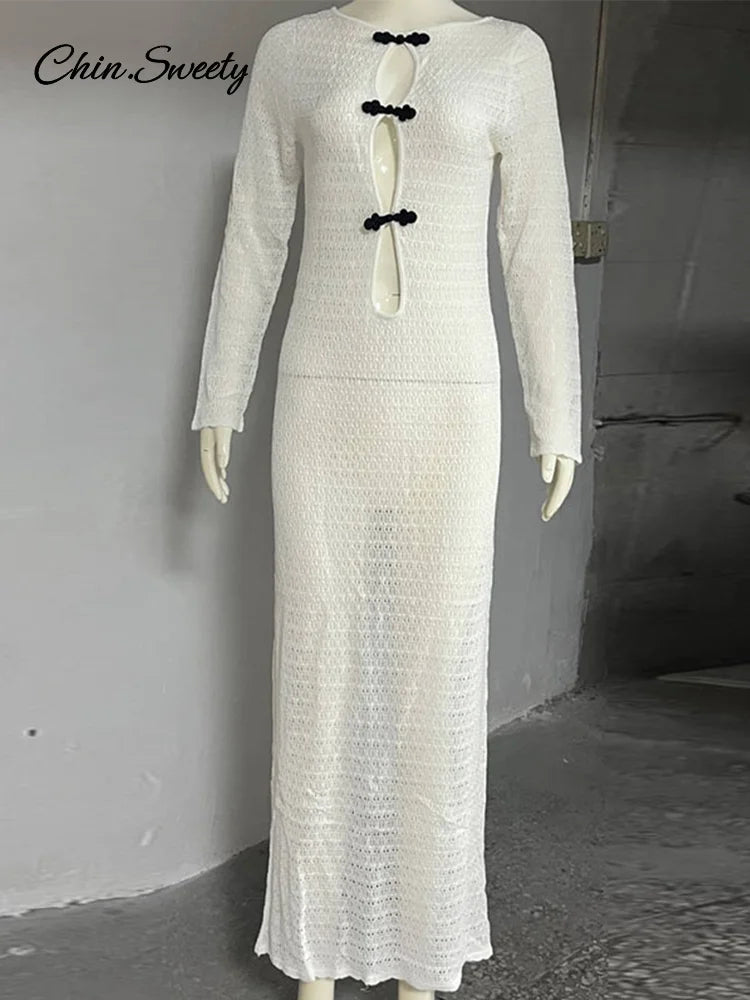 Sexy Hollow Out Knitted Maxi Dress Women Long Sleeve O-neck White Black Holiday Dresses Female 2025 Summer Lady Slim Fit Robes