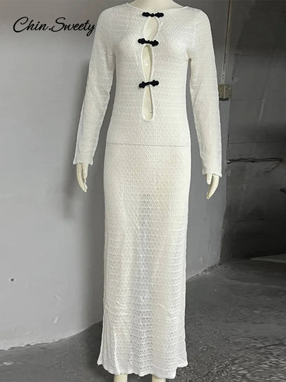 Sexy Hollow Out Knitted Maxi Dress Women Long Sleeve O-neck White Black Holiday Dresses Female 2025 Summer Lady Slim Fit Robes