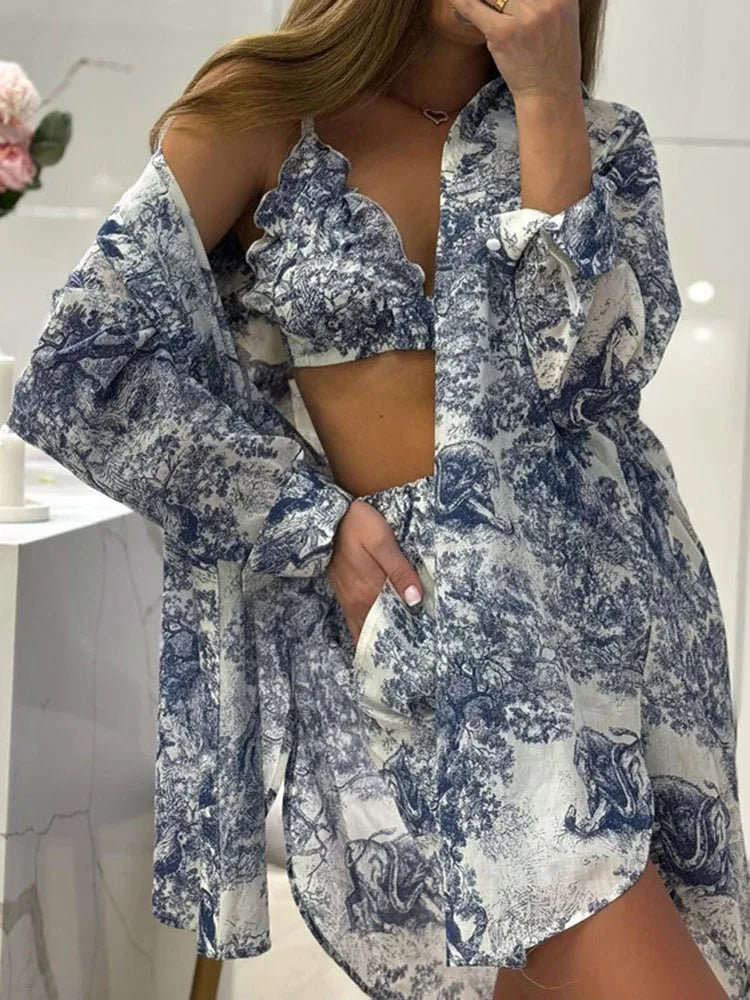 Retro Ink Shirt Three-piece Shorts Suit Women’s Summer Casual Long Sleeve Button Print Fashion Shirt with Shorts Suit