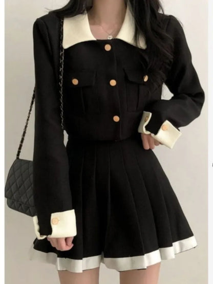 Conjuntos de falda elegante coreana de dos piezas con patchwork, mangas largas, top corto, cintura alta, minifalda plisada, otoño invierno Y2K, nuevos conjuntos