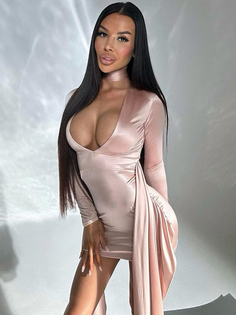 Irregular Sexy Mini Dress For Women Low Cut Long Sleeve Ruched Bodycon Dress Femme Elegant Club Party Sexy Dress New