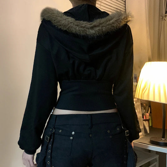 Y2K Fur Trim Hoodie Cardigan Women Basic Black Slim Cropped Jacket 90s Vintage Winter Zipper Coat Harajuku Streetwear