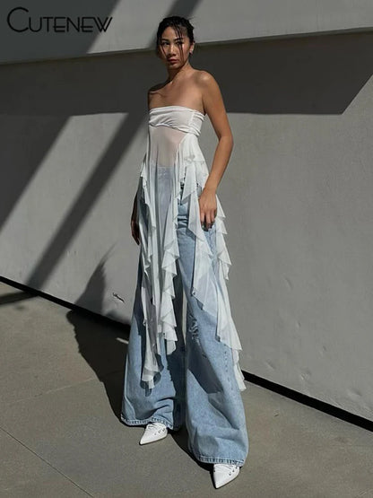 Summer Solid Sexy Off-Shoulder Women Crop Top  Casual Tube Strapless Streetwear Long Ruched Club Party Lady Tank Top