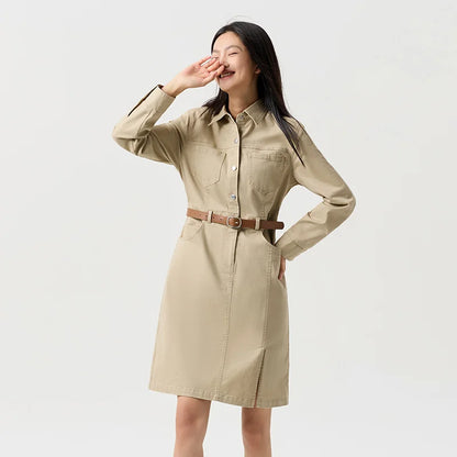 Dress Women Slit Lapel Vintage 2025 Spring New Waist-cinching Workwear Dress