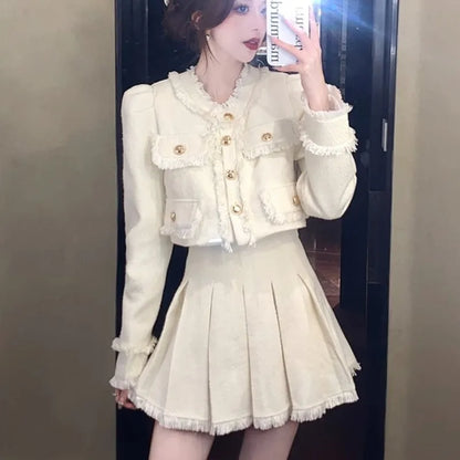 Elegante traje de tweed de dos piezas, conjunto de falda, otoño invierno, nuevo estilo francés, chaqueta corta, abrigo, minifalda, moda coreana, trajes femeninos