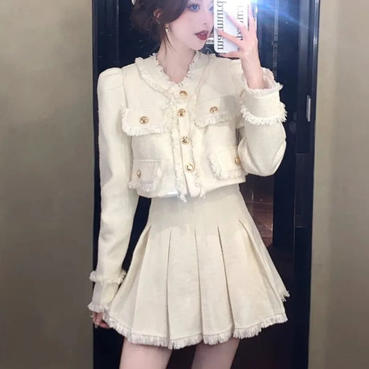 Elegant Tweed Suit 2-piece Skirt Set Autumn Winter New French Style Cropped Jacket Coat Mini Skirt Korean Fashion Female Outfits