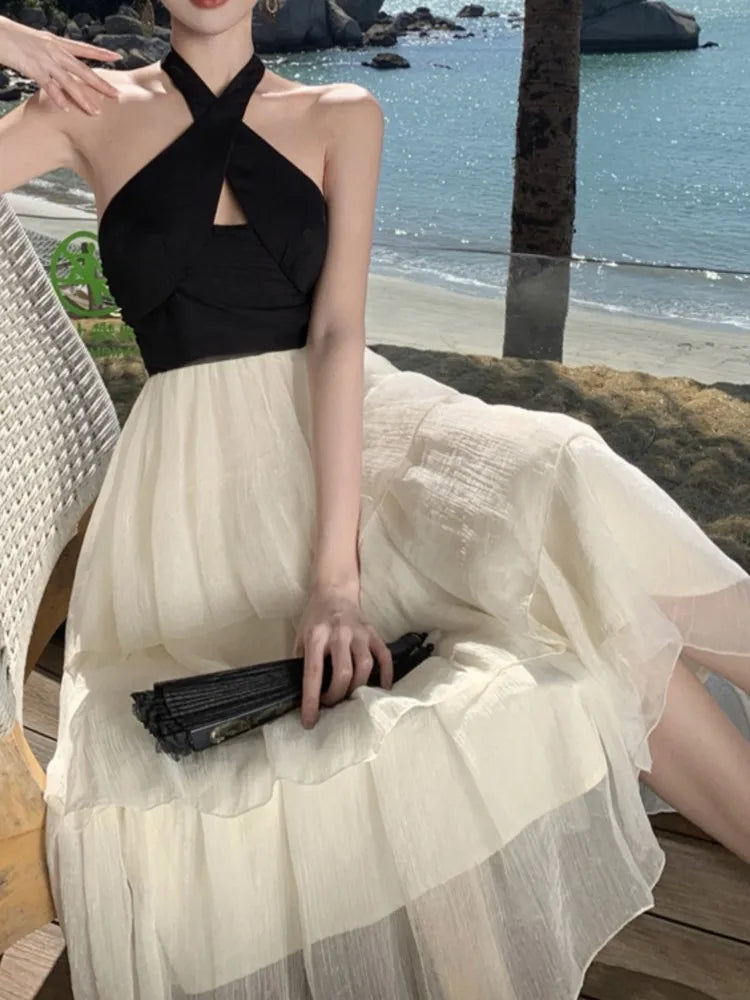 Elegante vestido de fiesta de noche con volantes y retazos para mujer, sin mangas, con cuello halter y espalda descubierta, corte en A, de una pieza