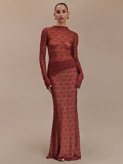 Fashion Lace Long Sleeved Round Neck Top Skirt Two-piece Set For Women  Autumn Winter New Transparent T-shirt Set
