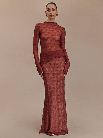 Fashion Lace Long Sleeved Round Neck Top Skirt Two-piece Set For Women  Autumn Winter New Transparent T-shirt Set