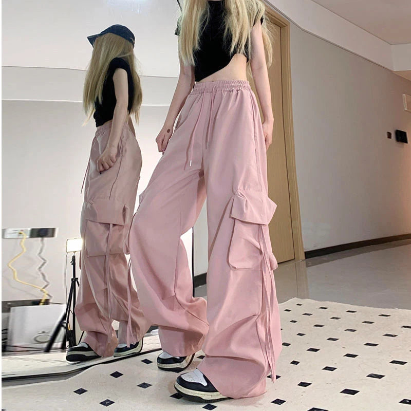 Pantalones cargo Y2K para mujer, ropa de calle, pantalones deportivos holgados de pierna ancha y gran tamaño, estilo Harajuku con bolsillos grandes, de cintura alta