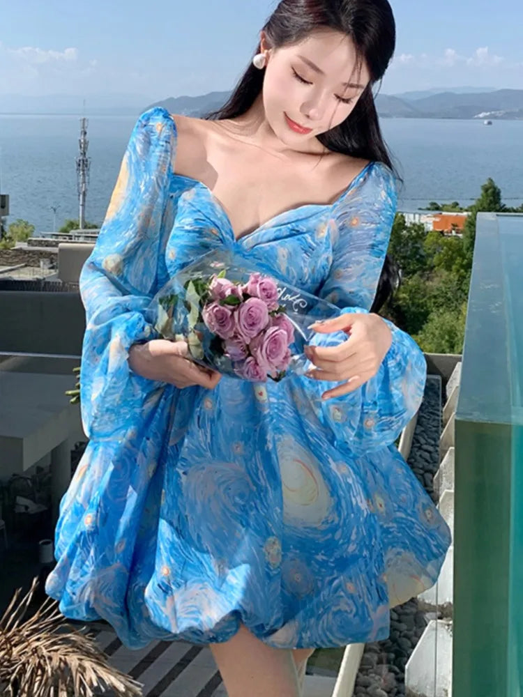Elegante vestido corto estampado para mujer, sin espalda, estilo playero, con mangas abullonadas, corte A, floral, minivestido de una pieza para mujer