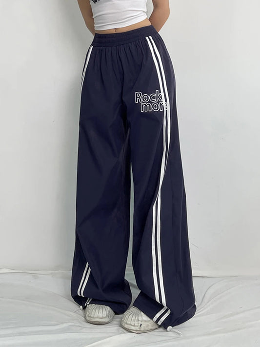 Pantalones rectos holgados de cintura alta con elástico y rayas laterales para mujer, pantalones holgados estilo hippie con estampado de letras, ropa de calle preppy
