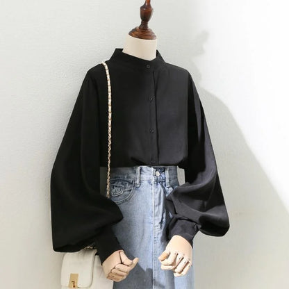 Blusa holgada de manga larga tipo farol para mujer, estilo primavera y otoño, con cuello levantado, DF4847