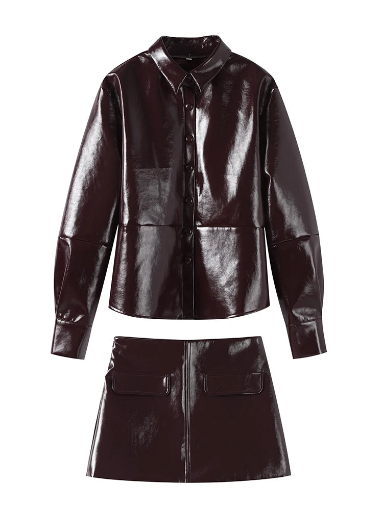 Casual Leather Jacket Skirt Set for Women 2 Pieces Lapel Single Breasted Top Mini Skirts Autumn Lady Y2k All-matching Outfits