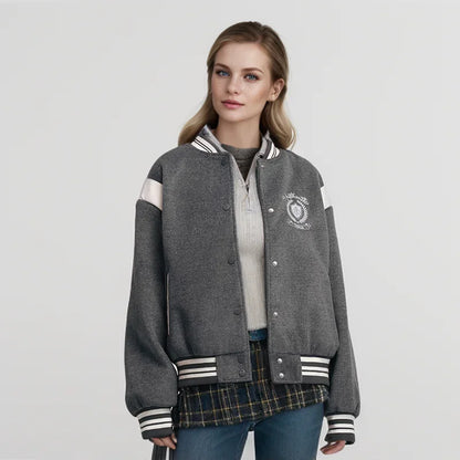 Abrigo para mujer, chaqueta holgada con bordado de patchwork y contraste de colores, nueva chaqueta de béisbol de lana sintética para invierno.