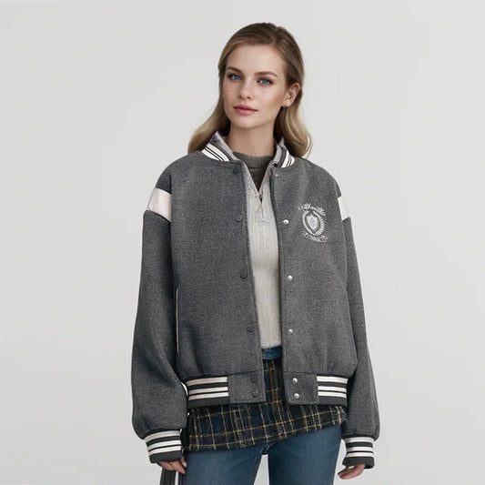 Coat Women Embroidery Patchwork Contrast Color Loose Jacket  New Winter Imitation Woolen Baseball Jacket