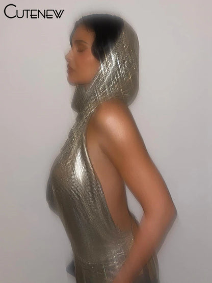 Sexy Chain Backless Tank Top Suit Women Halter Low Swinging Collar Indie Folk Silver-sequins Vest with Scarf High Street