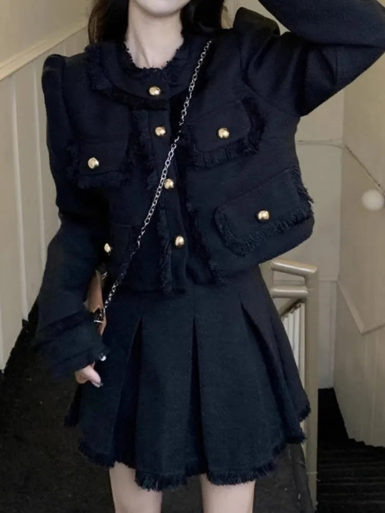 Korean Fashion Women Solid Tweed Skirts Suit Elegant Chic Jackets Coat Mini Pleated Skirts Two Pieces Set Female Clothes Outfits
