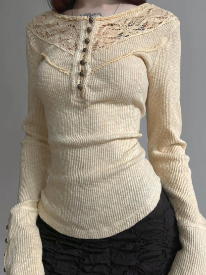 Camisetas básicas de punto con encaje y botones elegantes y retro para mujer, de manga larga, exquisitas y ajustadas, para otoño.