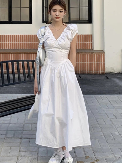 Vestidos midi casuales sólidos para mujer, estilo coreano elegante, con escote en V, espalda descubierta, cintura alta, mangas abullonadas, vestido de fiesta de verano, vestidos para mujer
