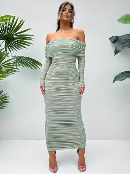 Vestido maxi sexy de manga larga con hombros descubiertos para mujer, nuevo vestido de otoño sin tirantes, espalda descubierta, ajustado, fruncido, para fiesta