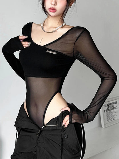 Body negro transparente, lencería sexy de manga larga con escote en V, body de una pieza femenino, top sin espalda para mujer