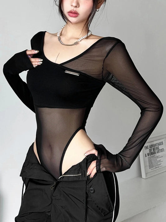 Body negro transparente, lencería sexy de manga larga con escote en V, body de una pieza femenino, top sin espalda para mujer