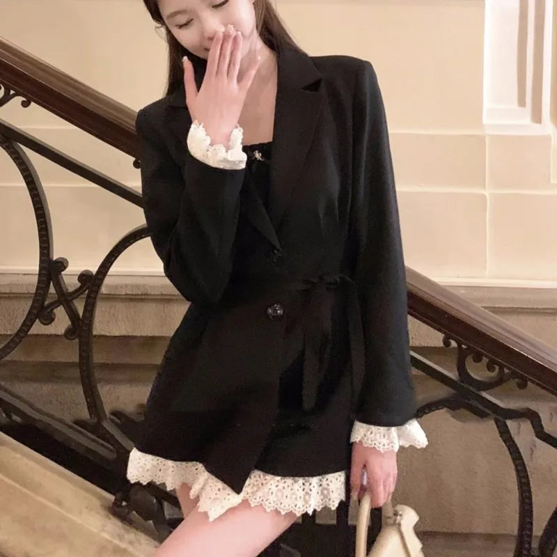 Elegant Black Suit Dress Women Lace Patchwork Blazer Dress Turn-down Collar Slim Korean Fashion Y2K Autumn New Mini Vestidos