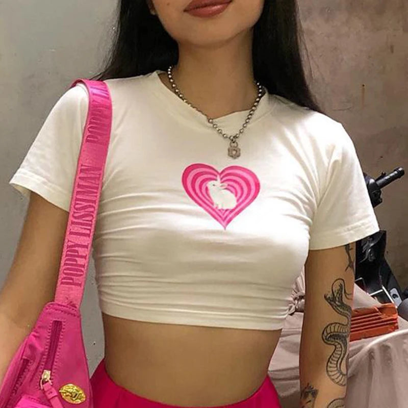 Camiseta de manga corta con estampado de amor para mujer, estilo Y2K, sexy, de verano
