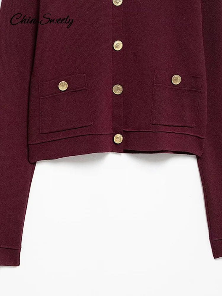 _ Women Skirts 2 Piece Set Burgundy Knitted Lapel Long Sleeve Button Cardigans Pleat High Waist A-line Skirt 2025 Lady Outfits