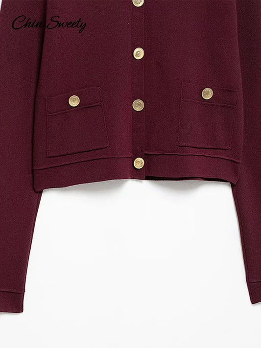 _ Women Skirts 2 Piece Set Burgundy Knitted Lapel Long Sleeve Button Cardigans Pleat High Waist A-line Skirt 2025 Lady Outfits