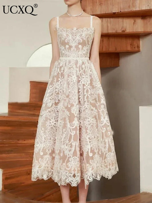 Vestido largo elegante con escote cuadrado, encaje bordado, cintura de hada, sin mangas, camisola para mujer, primavera-verano 2025, 23A8639