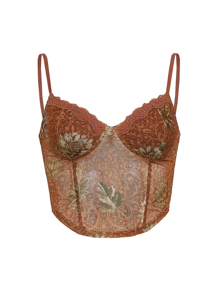 Camisola de malla estética vintage con estampado floral para mujer, color marrón, bonita camiseta corta Y2K