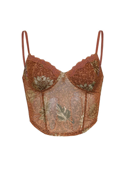 Camisola de malla estética vintage con estampado floral para mujer, color marrón, bonita camiseta corta Y2K