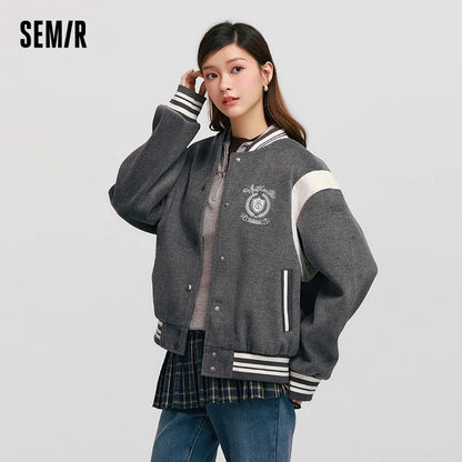 Abrigo para mujer, chaqueta holgada con bordado de patchwork y contraste de colores, nueva chaqueta de béisbol de lana sintética para invierno.