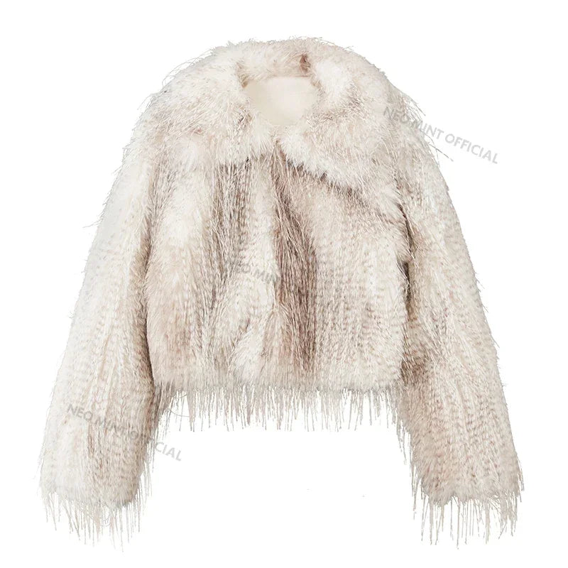 Exclusive Designer  Winter Gradient Faux Peacock Fur Coat Women Furry Tassels Fur Jackets Chic Y3k Girls Outerwears