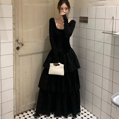 Vestidos midi de otoño para mujer, de manga larga, lisos, con cuello en U, sin espalda, corte en A, moda coreana, informales, de una pieza