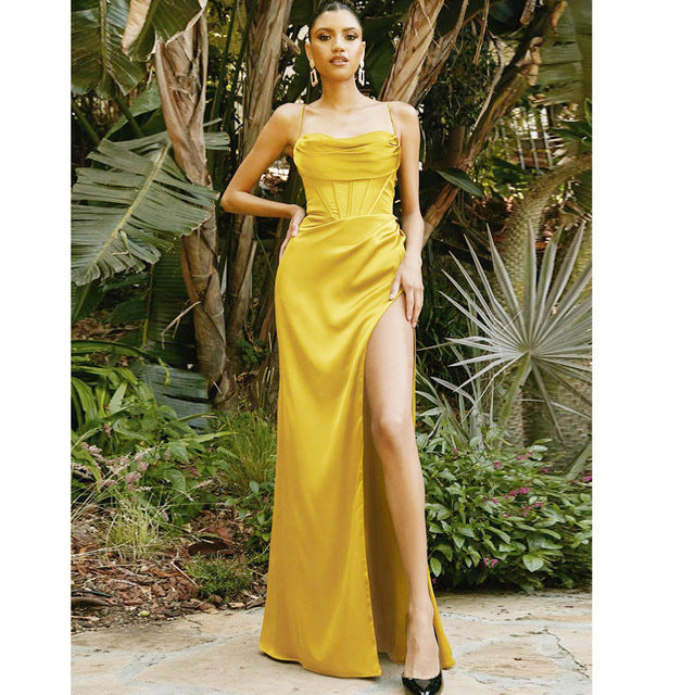 Vestido de noche sexy con abertura y cintura alta, sin espalda, elegante, largo, sin mangas, con cordones, irregular, para graduación