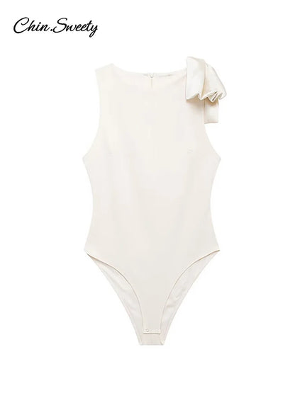 White Bow Bodysuit Mini Skirt Suit Women Slim O-neck Sleeveless Jumpsuits A-line Mini Skirts 2025 Summer New in Matching Outfit
