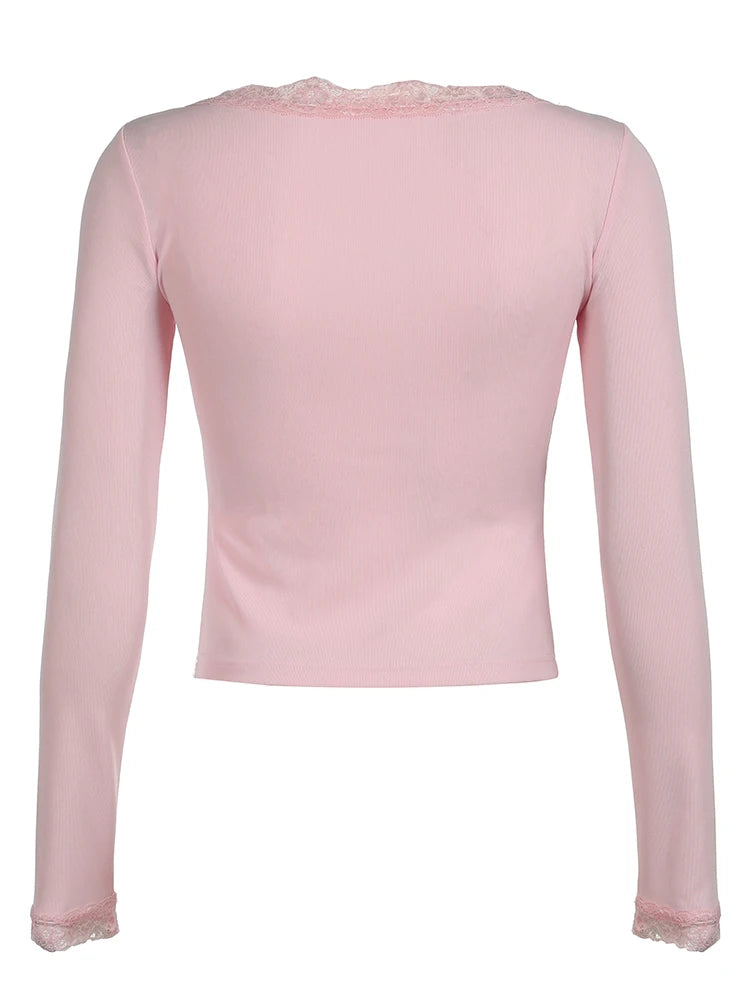 Camisetas básicas de manga larga ajustadas y dulces de color rosa para mujer, camisetas con lazo cruzado de encaje y retazos, lindas camisetas japonesas kawaii Y2K